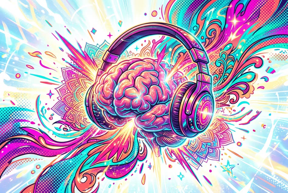 A vibrant brain wearing headphones, exploding with color and energy