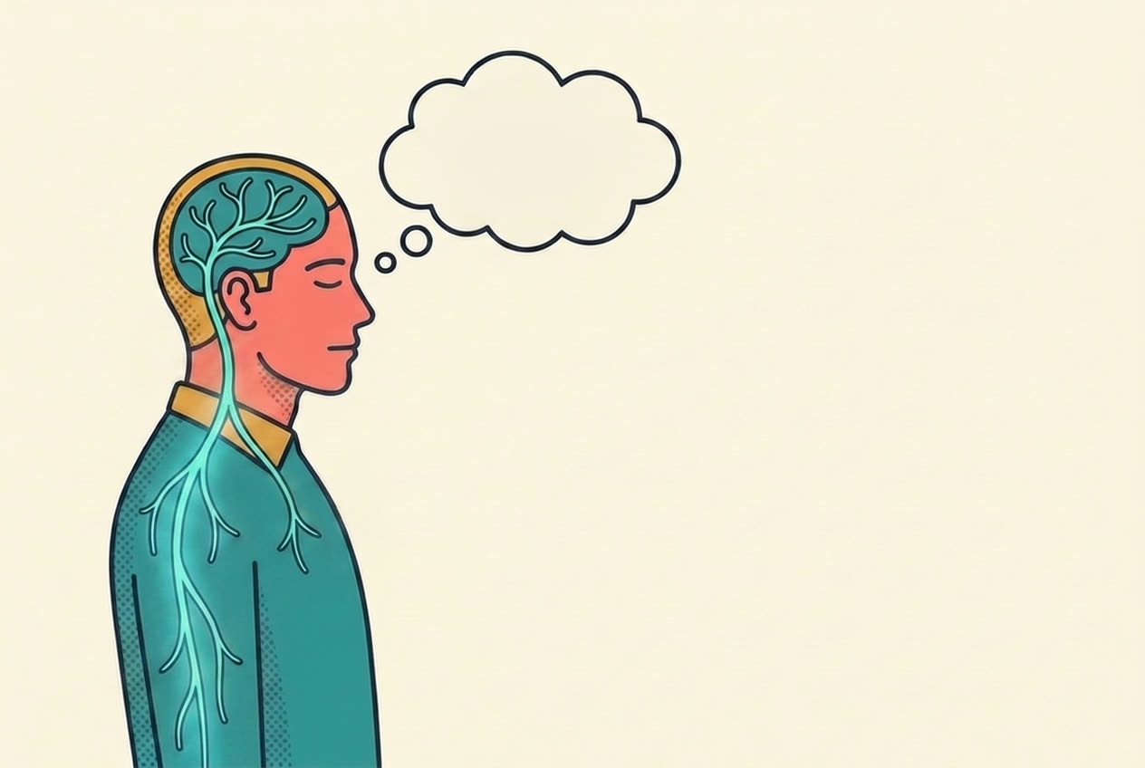 A person in profile with a glowing nervous system and a thought bubble; the thought and the body's reaction change together