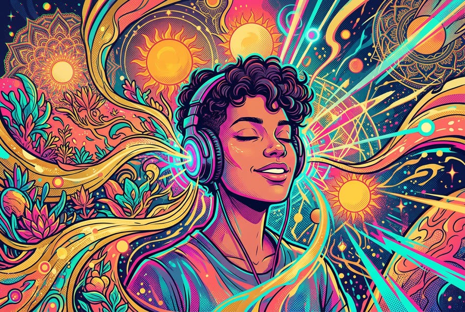 A person in glowing headphones with a radiant personal universe swirling around them